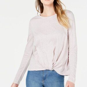 MAISON JULES Striped High & Low Long Sleeve Modal & Cotton Top in Pink. S